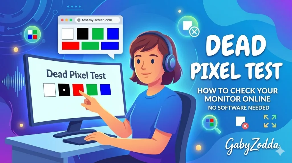 dead pixel test tool showing full-screen color patterns for monitor pixel check on GabyZodda