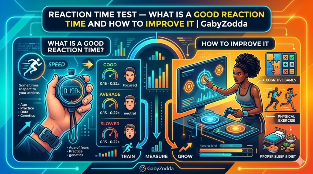 reaction time test tool showing millisecond response results on GabyZodda