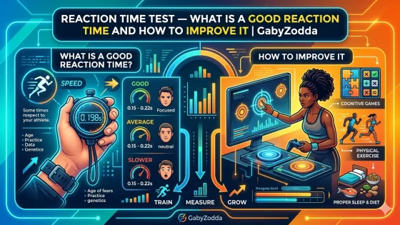 reaction time test tool showing millisecond response results on GabyZodda