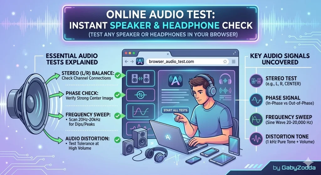 Web-based audio testing interface showing speaker frequency response and left right channel balance controls