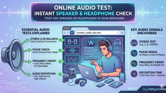Web-based audio testing interface showing speaker frequency response and left right channel balance controls
